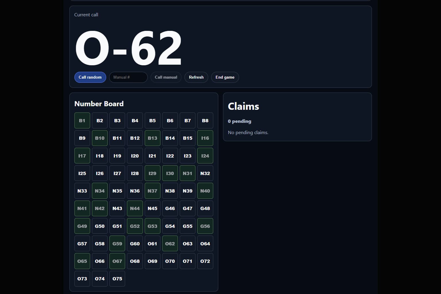 Bingo host controls for calling numbers and managing winners