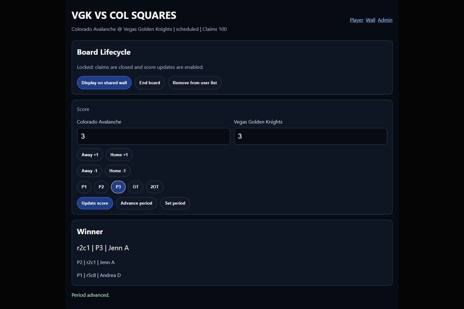 Squares host controls for managing the board and game flow