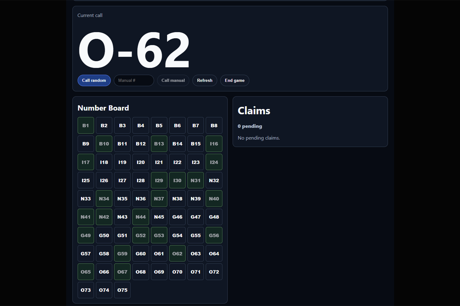 Bingo host controls for calling numbers and managing winners